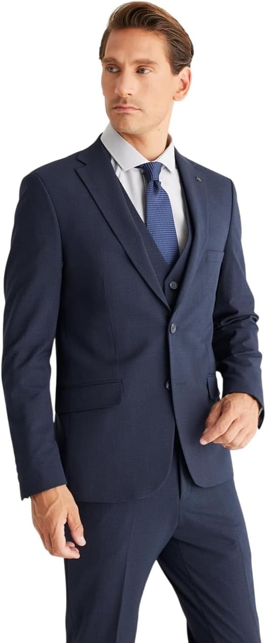 ALTINYILDIZ CLASSICS Erkek Koyu Lacivert Recycle Slim Fit Dar Kesim Mono Yaka Yelekli Kareli Takım Elbise, Koyu Lacivert, 46-6 Drop