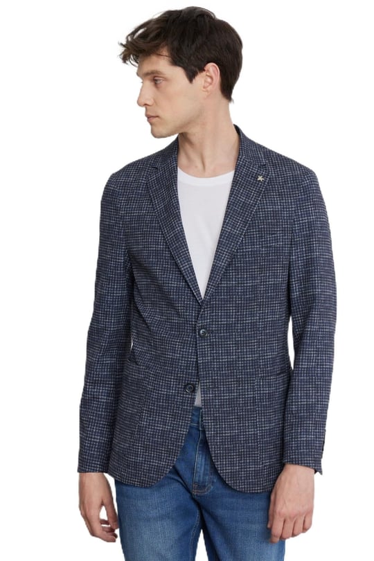ALTINYILDIZ CLASSICS Erkek Lacivert Slim Fit Dar Kesim Mono Yaka Kazayağı Desenli Blazer Ceket, Lacivert, 46-6 Drop