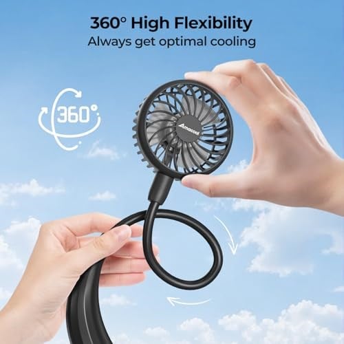 Amacool 2600mAh Pille Çalışan Boyun Fanı, Boyun Bantlı ve 6 Hızlı Taşınabilir USB Fan Ev Ofis Seyahat Dış Mekan Sporları için (Siyah)