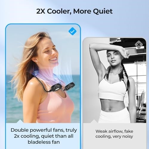 Amacool 2600mAh Pille Çalışan Boyun Fanı, Boyun Bantlı ve 6 Hızlı Taşınabilir USB Fan Ev Ofis Seyahat Dış Mekan Sporları için (Siyah)