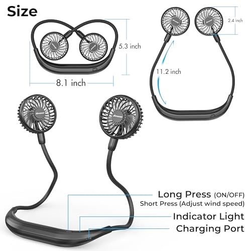 Amacool 2600mAh Pille Çalışan Boyun Fanı, Boyun Bantlı ve 6 Hızlı Taşınabilir USB Fan Ev Ofis Seyahat Dış Mekan Sporları için (Siyah)