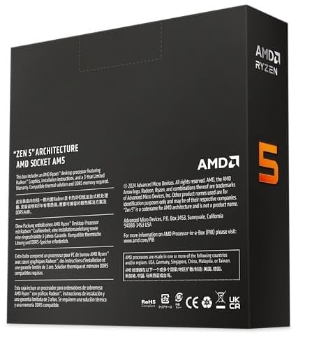 AMD Ryzen 5 9600X İşlemci, 6 Çekirdek/12 Dizginsiz İplik, Zen Mimarisi 5, 38MB L3 Önbellek, 65 W TDP, 5,4 GHze kadar Frekans Artışı, Soket AM5, DDR5 ve PCIe 5.0, Fan Yok