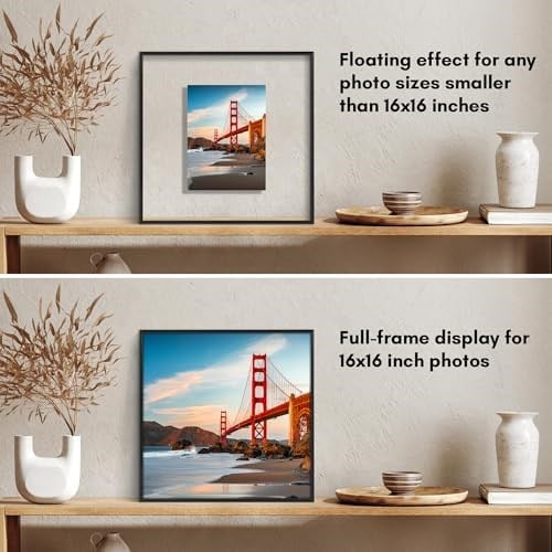 Americanflat Cilalı Pleksiglaslı 16x16 Yüzer Resim Çerçevesi - Mat ile 5x7 Çerçeve veya 16x16 Mat Olmayan Çerçeve olarak kullanın - Fusion Flo - Seçenekler: 1 Paket, 1 adet, 2 adet, 2li Paket, Modern