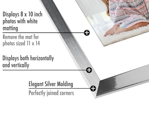 Americanflat Parlak Kristal Netliğinde Camlı 11x14 Resim Çerçevesi - Mat ile 8x10 Çerçeve olarak kullanın veya 11x14 Matsız Çerçeve - İmza Koleksiyonu - Duvar Ekranı için Fotoğraf Çerçevesi - Gümüş