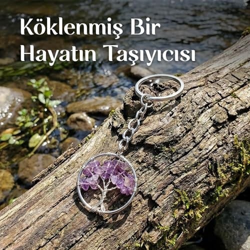 Ametist Taşı Hayat Ağacı Anahtarlık - Taş Sandığı