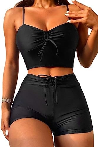 Angelsin Önden Ayarlı Büzgülü Deniz Şortlu Tankini Bikini Takım