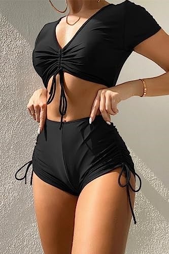 Angelsin Özel tasarım Yarım Kol Büzgü Detaylı Bikini Takım