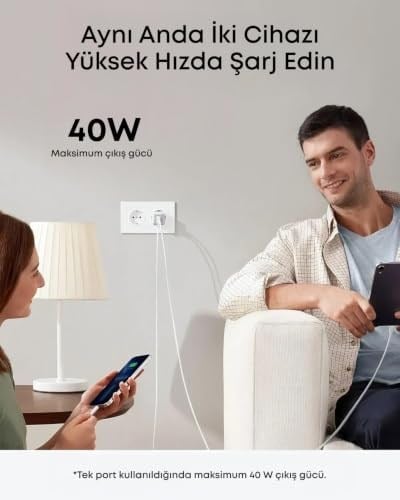 Anker 521 Nano Pro Şarj Cihazı, Kompakt, 40W, PowerIQ 3.0 Çift Portlu USB-C Güç Adaptörü, Beyaz - A2038
