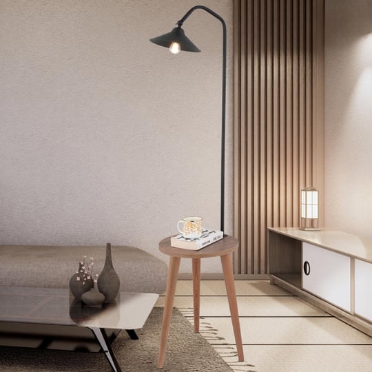 Apliqa Clifferd Siyah Başlıklı Ahşap Sehpalı Modern Ayaklı Abajur Lamba Ahşap Lambader