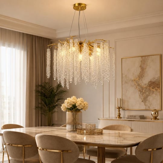 Apliqa Dina Serip Gold Kaplamalı Modern Tasarım Salon Kristal Sarkıt Avize