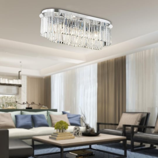 Apliqa Nilüfer Dikdörtgen Krom Kristalli, Taşlı Modern Tasarım Yemek Masası Üstü, Kristal Salon Avize
