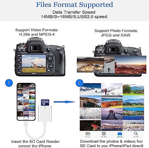 [Apple MFi sertifikalı] iPhone SD kart okuyucu, SD/Micro SD kart okuyucu, iPhone kamera için kart okuyucu, çift kart yuvası, hafıza kartı okuyucu, Lightning SD/TF kart okuyucu, iPhone 8/14/13/12 için