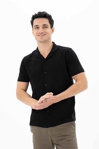Ar-ma Erkek Polo Yaka Kısa Kollu Gömlek Regular Fit%100 Pamuk Penye Pike Düğme Kapamalı Cepsiz Y25374351101 Siyah-S1