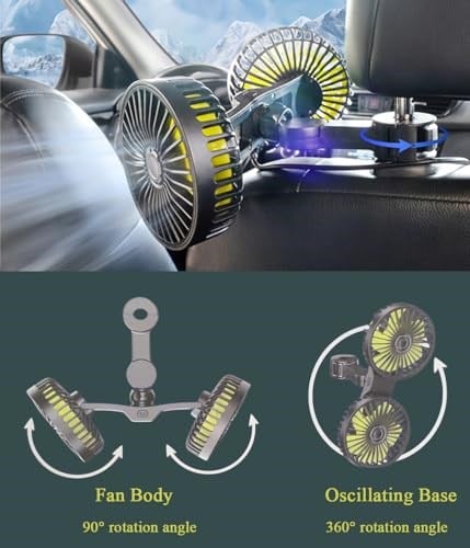 Araba vantilatörü, taşınabilir USB ile çalışan çift kafalı araba koltuğu koltuk başlığı fanı, 3 vitesli hava hızı ve 360° dönen arka koltuk araç fanı, güçlü hava sirkülasyon fanı, ayarlanabilir