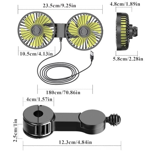 Araba vantilatörü, taşınabilir USB ile çalışan çift kafalı araba koltuğu koltuk başlığı fanı, 3 vitesli hava hızı ve 360° dönen arka koltuk araç fanı, güçlü hava sirkülasyon fanı, ayarlanabilir