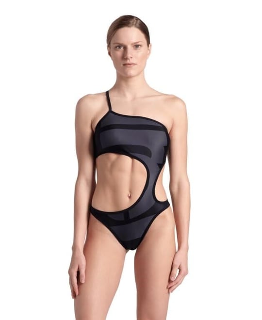 Arena Womens Arena Logo One Piece Single Shoulder Mayo, Asphalt Multi-Black-Black, S