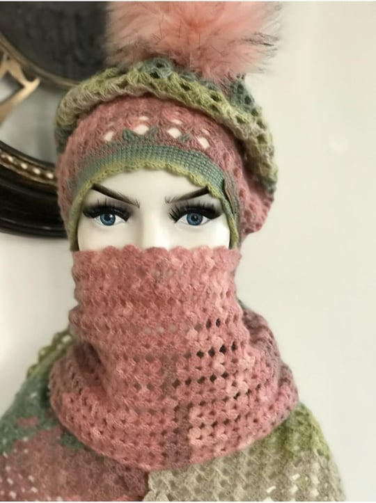 Ariestasarım Ebruli Atkı Bere PEMBE