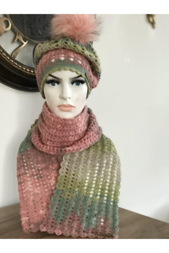 Ariestasarım Ebruli Atkı Bere PEMBE