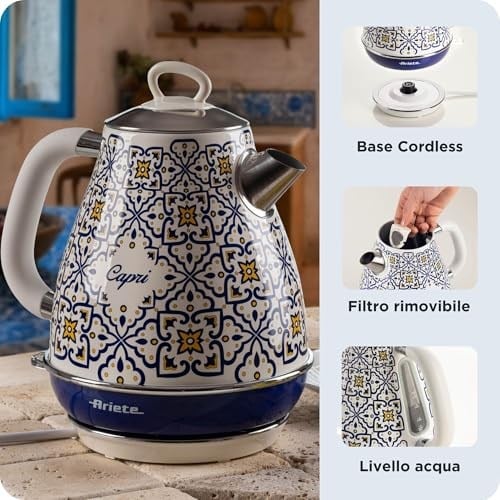 Ariete Capri Elektrikli Su Isıtıcı 1,7 Litre Kettle 2869/0C - Paslanmaz Çelik Gövde, Handmade Decoration, 2000 Watt, Otomatik Kapanma, 360° Kablosuz Taban