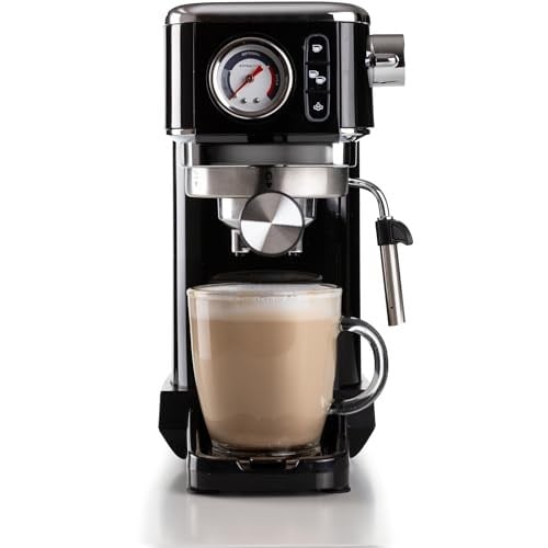 Ariete Espresso Slim Metal 1381, manometreli kahve makinesi, kahve tozu ve ESE kapsülleri ile uyumlu, 15 bar Max, filtre 1 veya 2 fincan, Cappuccino başlığı, 1300 W, Siyah