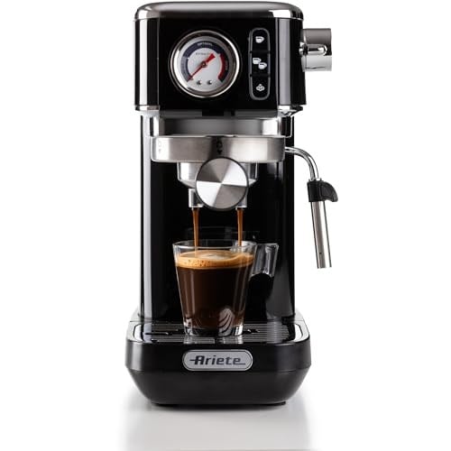 Ariete Espresso Slim Metal 1381, manometreli kahve makinesi, kahve tozu ve ESE kapsülleri ile uyumlu, 15 bar Max, filtre 1 veya 2 fincan, Cappuccino başlığı, 1300 W, Siyah