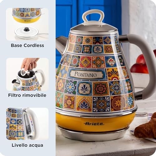 Ariete Positano Elektrikli Su Isıtıcı 1,7 Litre Kettle 2869/0P - Paslanmaz Çelik Gövde, Handmade Decoration, 2000 Watt, Otomatik Kapanma, 360° Kablosuz Taban