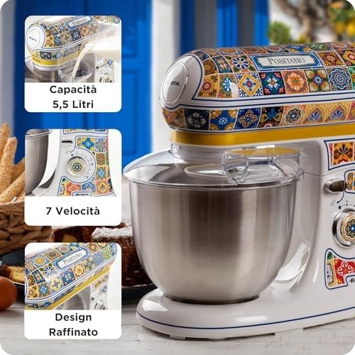 Ariete Positano Mutfak Şefi 1588/0P - 1200 Watt Stand Mikser, Hamur Yoğurma Makinesi, 2400 Watta Ulaşan Kilitli Motor, Paslanmaz Çelik 5,5 Litre Hazne, 3 Farklı Hazne İçi Aparat