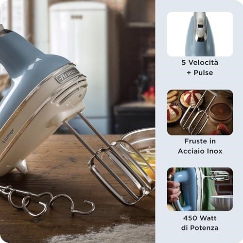 Ariete Vintage El Mikseri Mavi 1548/05-450 Watt, 5 Hız, Çırpma ve Yoğurma Başlıkları, Turbo Fonksiyonu