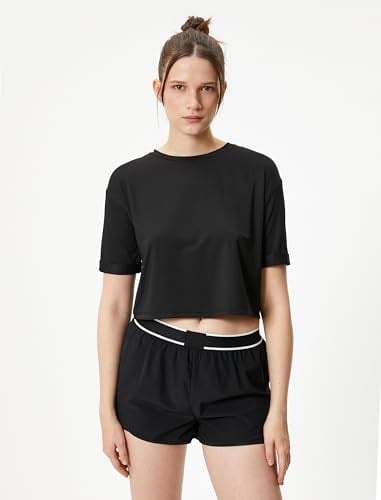 Arkası Pencere Detaylı Spor Crop Tişört Kısa Kollu Bisiklet Yaka