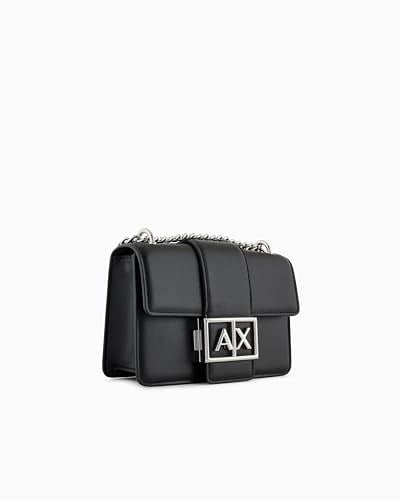 Armani Exchange Gümüş renkli zincirli, AX kilitli siyah deri askılı çanta