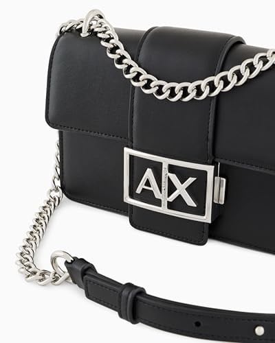 Armani Exchange Gümüş renkli zincirli, AX kilitli siyah deri askılı çanta