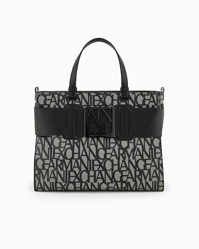 Armani Exchange Womens Large Logo Placket Satchel Bag Big Tote, Bej/Siyah, Bej/Siyah, Ölçü Birimi