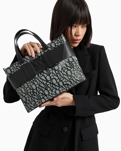 Armani Exchange Womens Large Logo Placket Satchel Bag Big Tote, Bej/Siyah, Bej/Siyah, Ölçü Birimi
