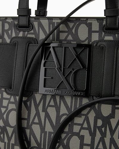 Armani Exchange Womens Large Logo Placket Satchel Bag Big Tote, Bej/Siyah, Bej/Siyah, Ölçü Birimi