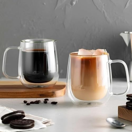 ARVALE Çift Cidarlı Cam Kupa Ev Ofis Fincanı Çift Katlı Isı Yalıtımlı Kulplu Cam Bardak (2 Adet Helsinki 250 ml)