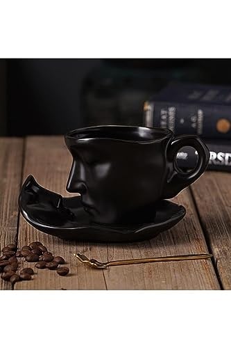 ARVALE İskandinav Yüz Şekilli Fincan Takımı - Mat Beyaz Seramik Kupa ve Dudak Figürlü Tabak - Estetik Kahve Fincanı Seti (Beyaz, 260, Mililitre - 2 Set)