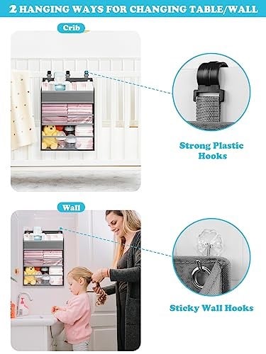 Asılı Bebek Bezi Caddy Organizatör Beşik Organizatörü - Masa Değiştirme için Geniş Kız Bebek/Erkek Bebek Bezi Düzenleyici, Oyun Parkı/Duvar - Tutun 90+ Bebek Bezi (Gri)