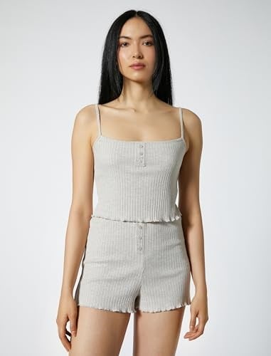 Askılı Pijama Üstü Crop Düğmeli Fitilli