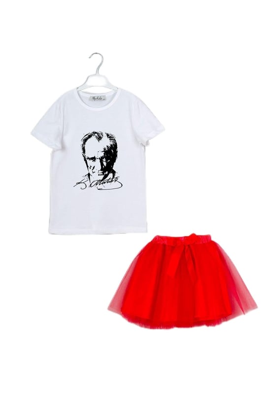 Atatürk Silüeti ve İmzalı Baskılı Tişört Tütü Etek Kombin Set, 5-6 Yaş, Beyaz/Kırmızı, 59020069494