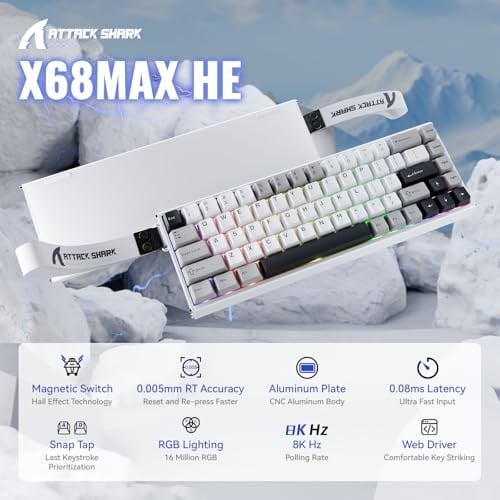 ATTACK SHARK X68MAX HE Manyetik Anahtarlı Hızlı Tetik Alüminyum Kablolu Oyun Klavyesi, 0,005 mm RT Hassasiyet, Ayarlanabilir Çalıştırma, 8 KHz, 0,08 ms Gecikme, RGB (Beyaz)
