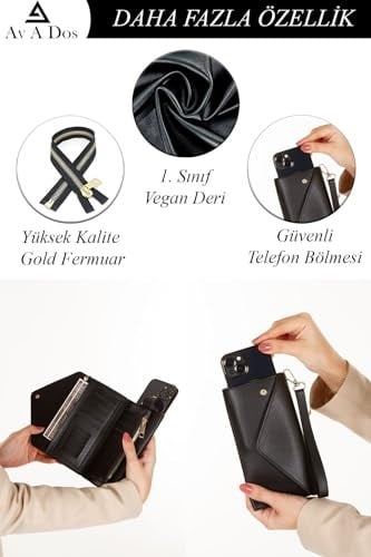 Av A Dos Kadın Deri Siyah Telefon Nakit Bozuk Para Bölmeli Kartlık Kilitli Bilek El Askılı Portföy Cüzdan Siyah