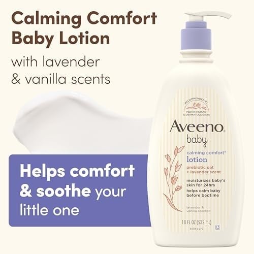 Aveeno Baby Bebek Yatıştırıcı Rahat Nemlendirici Losyon, Rahatlatıcı Lavanta ve Vanilya Kokusu, Yağsız Vücut Losyonu, Doğal Yulaf ezmesi ve Dimetikon, Paraben ve Ftalat İçermez, 18 fl. Oz
