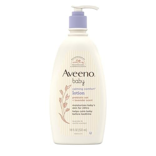 Aveeno Baby Bebek Yatıştırıcı Rahat Nemlendirici Losyon, Rahatlatıcı Lavanta ve Vanilya Kokusu, Yağsız Vücut Losyonu, Doğal Yulaf ezmesi ve Dimetikon, Paraben ve Ftalat İçermez, 18 fl. Oz