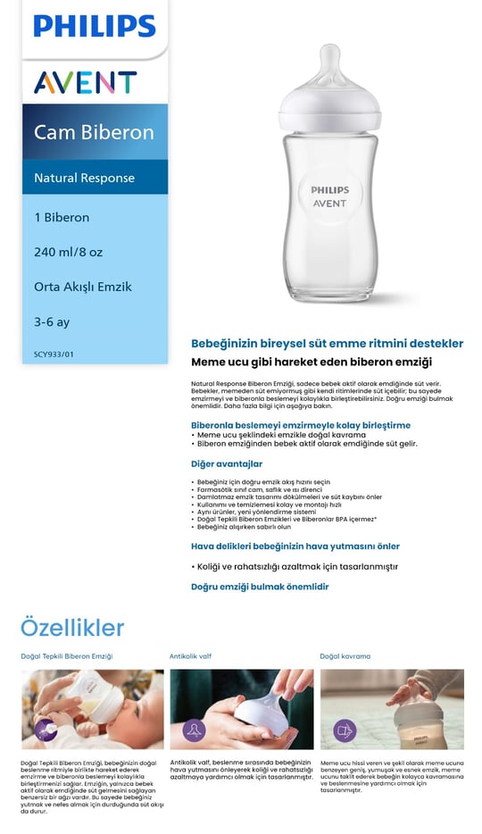Avent 240 Ml Doğal Tepkili Cam Biberon