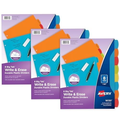 Avery Big Tab 21210 Ayırma Sayfası, Sağlam Plastikten, 8 Kayıt Kartı, Çok Renkli, 3 Set