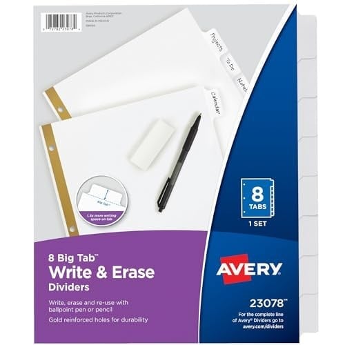 Avery Big Tab Ayırıcı, 8 Sekme, Yazılabilir Silinebilir, Beyaz, 48li Set