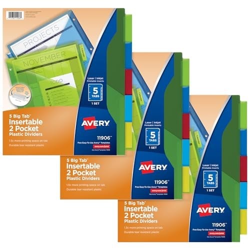 Avery Big Tab iki cepli plastik ayırma duvarı, 3 set 5 bölmeli 3 set 5 bölmeli 3 set 5 tablet merhrenkli