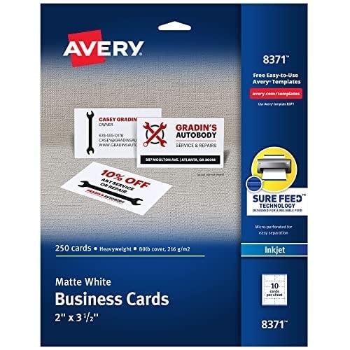 Avery Yazdırılabilir Kartvizitler, Mürekkep Püskürtmeli Yazıcılar, 250 Kart, 2 x 3.5 (8371)