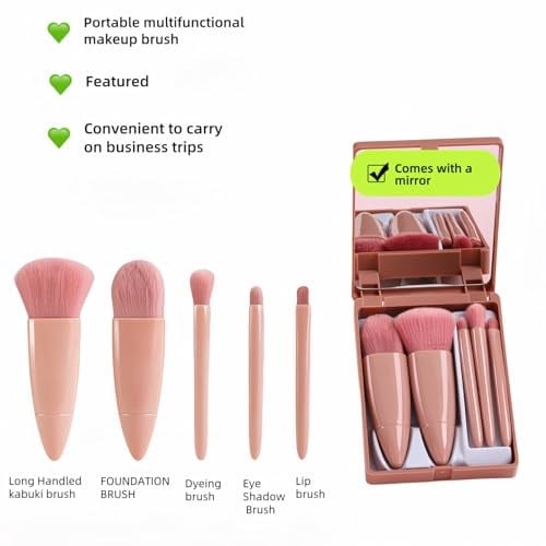Aynalı ve Seyahat Kılıflı 5 Parça Profesyonel Makyaj Fırça Seti, Hassas Ciltler için Hipoalerjenik Vegan Kıllar Lüks Hediyeye Hazır Kutu, Gelinler, Seyahat, Hareket Halinde Rötuşlar için Taşınabilir
