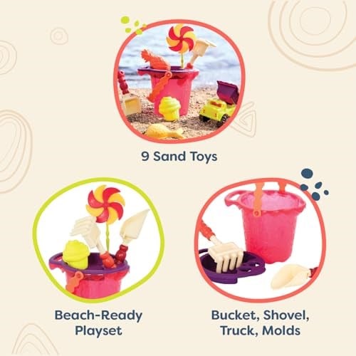 B.Toys Mango Plaj Seti | Kova, elek, kürek, tırmık, fırıldak, mini damperli kamyon ve plaj veya kum havuzu oyunu için 3 kum kalıbı içerir, 18+ Ay